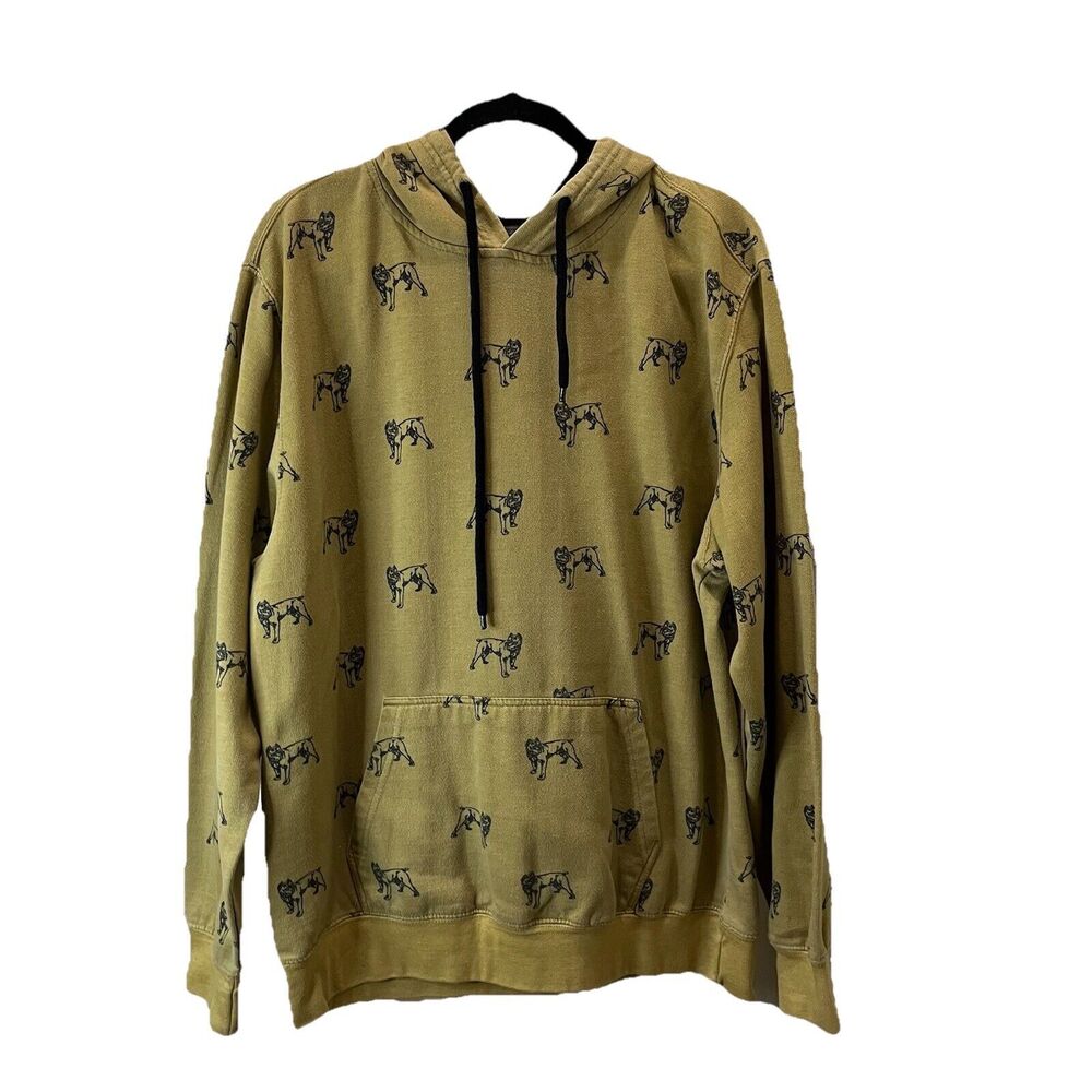 Creative Destruction Bulldog All Over Print Hoodie Sweatshirt Tan Mens Size XL